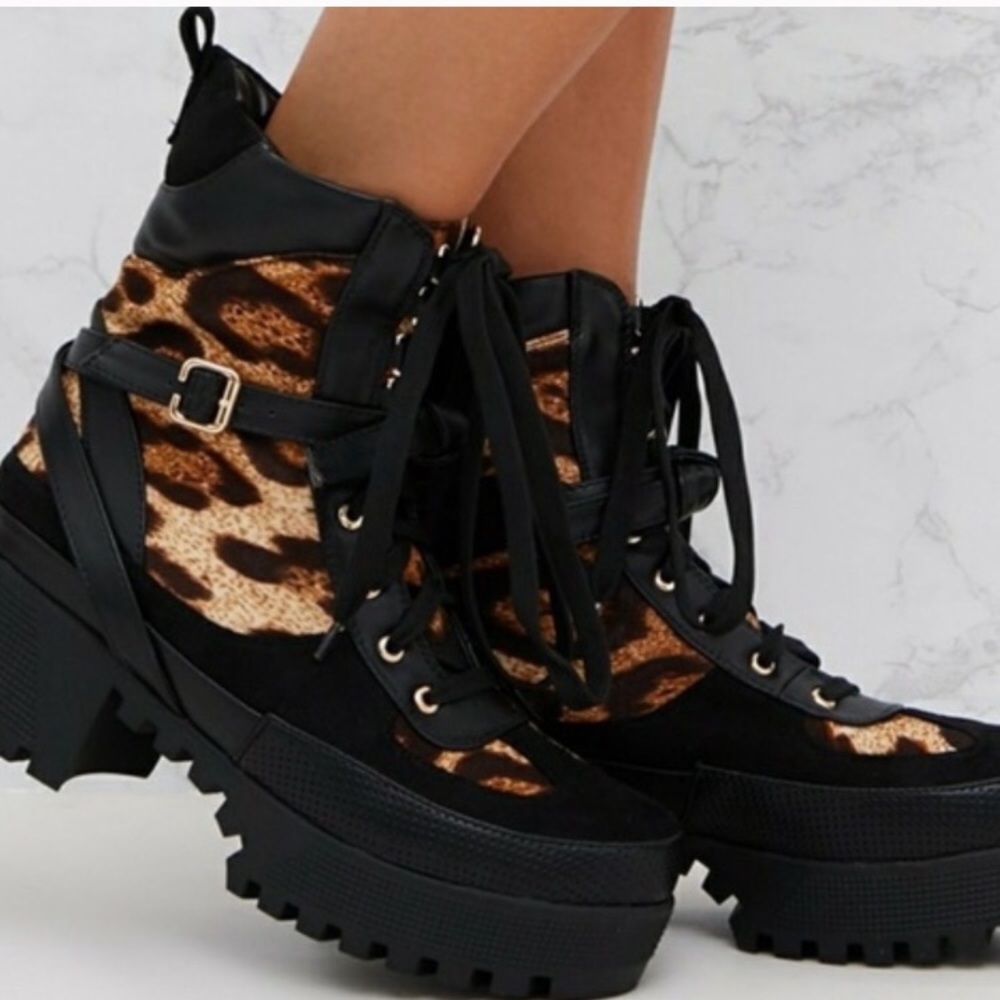 Nasty Gal Black Chunky Cheetah Boots w Tie Buckle
